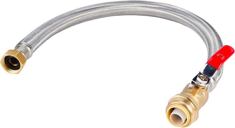 PEVEPEXE Heavy Duty 24" Braided Stainless Steel Hot Water Heater Hose – 3/4 Inch FIP x 3/4 Inch Ball Valve, Push-to-Connect Brass Fitting - Image 1